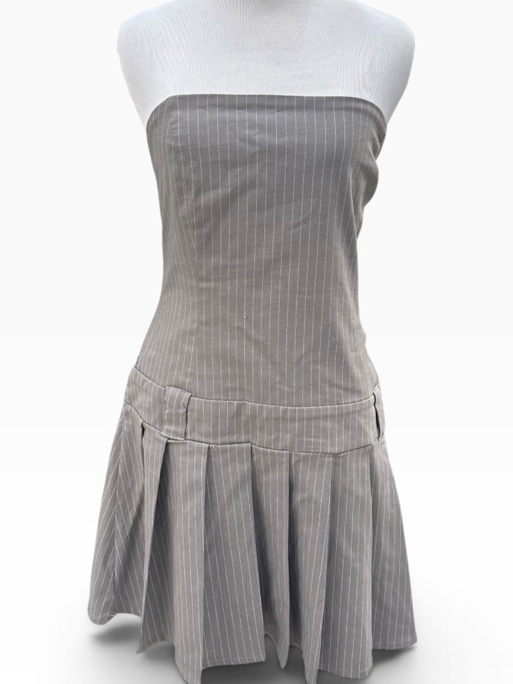 Ardene Gray Pinstripe Strapless Pleated Mini Dress
